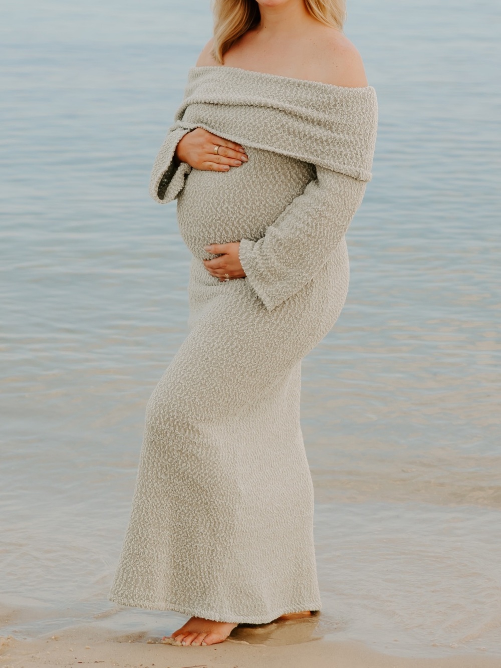 Soft Off-Shoulder Knit Maternity Dress in Sage